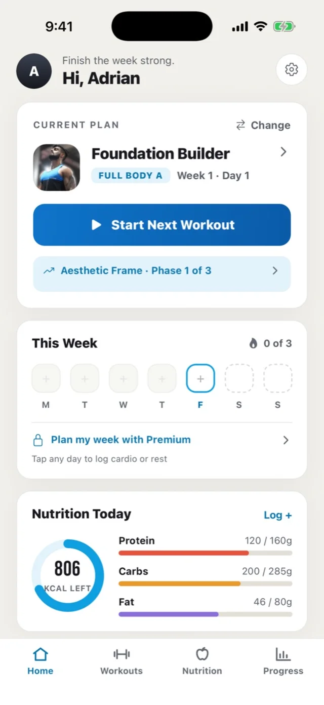 Home screen in light mode: the member’s current plan and the Start Next Workout button.