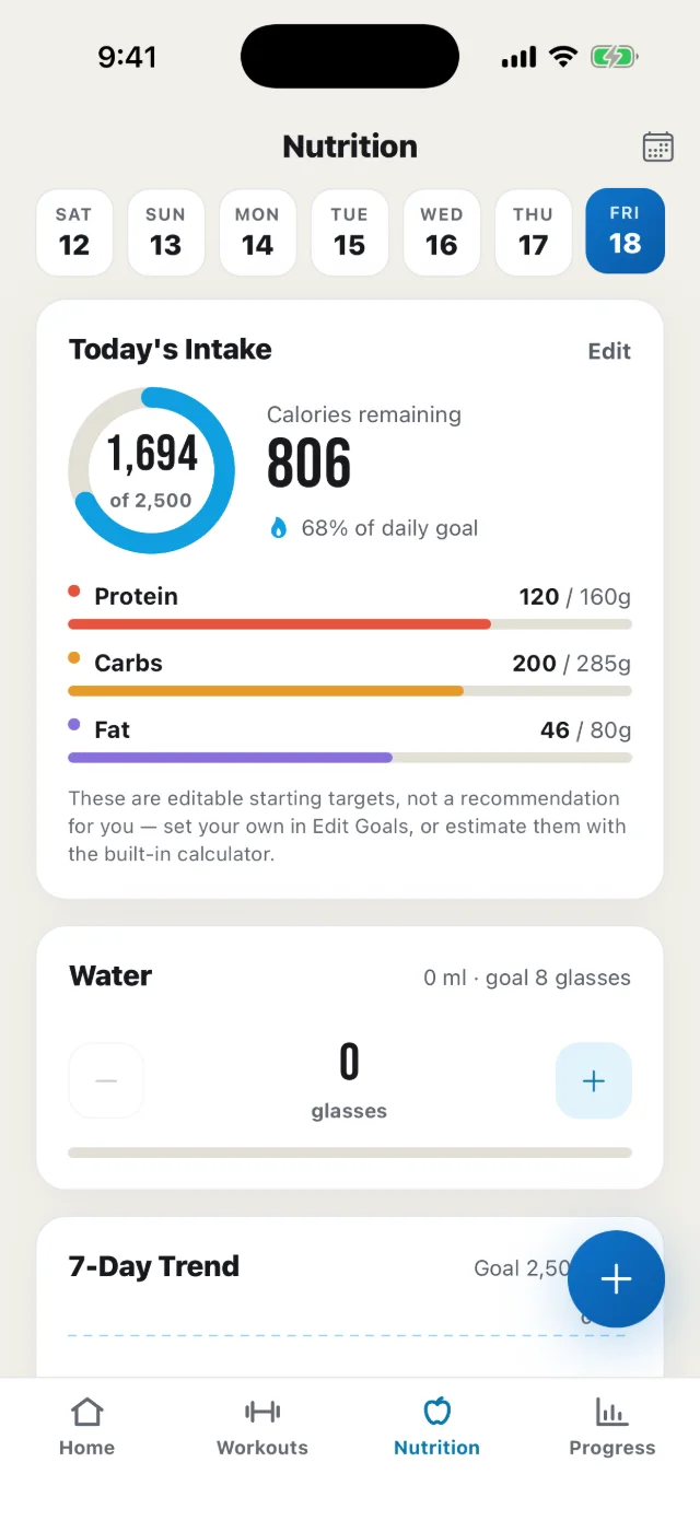 Nutrition in light mode: calories remaining and macros.