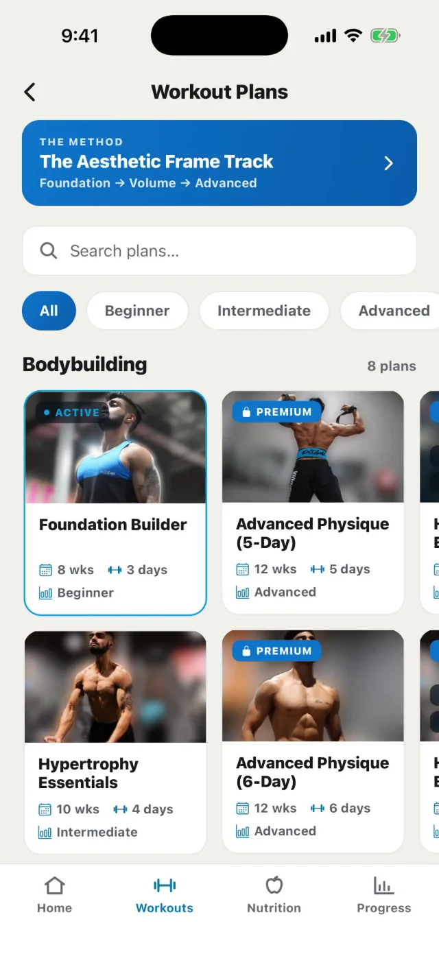 Workout Plans screen: the coach’s method at the top, search, level filters, then plan cards grouped by category.