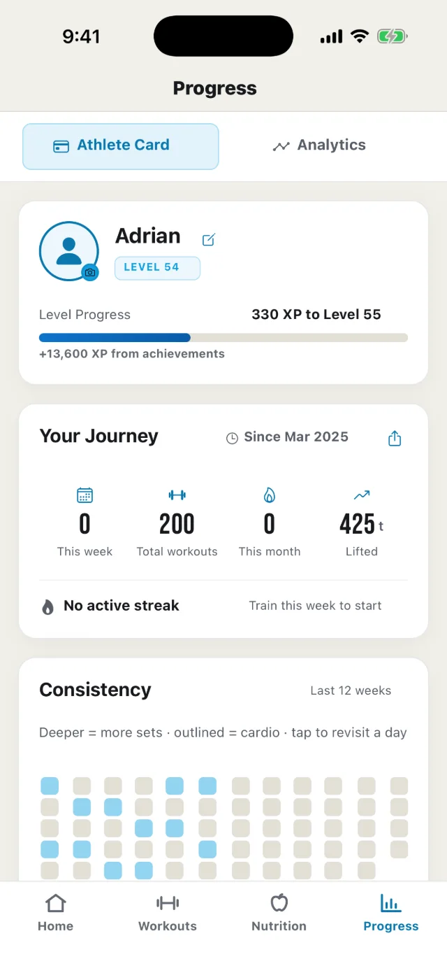 Progress in light mode: level, XP and achievements.